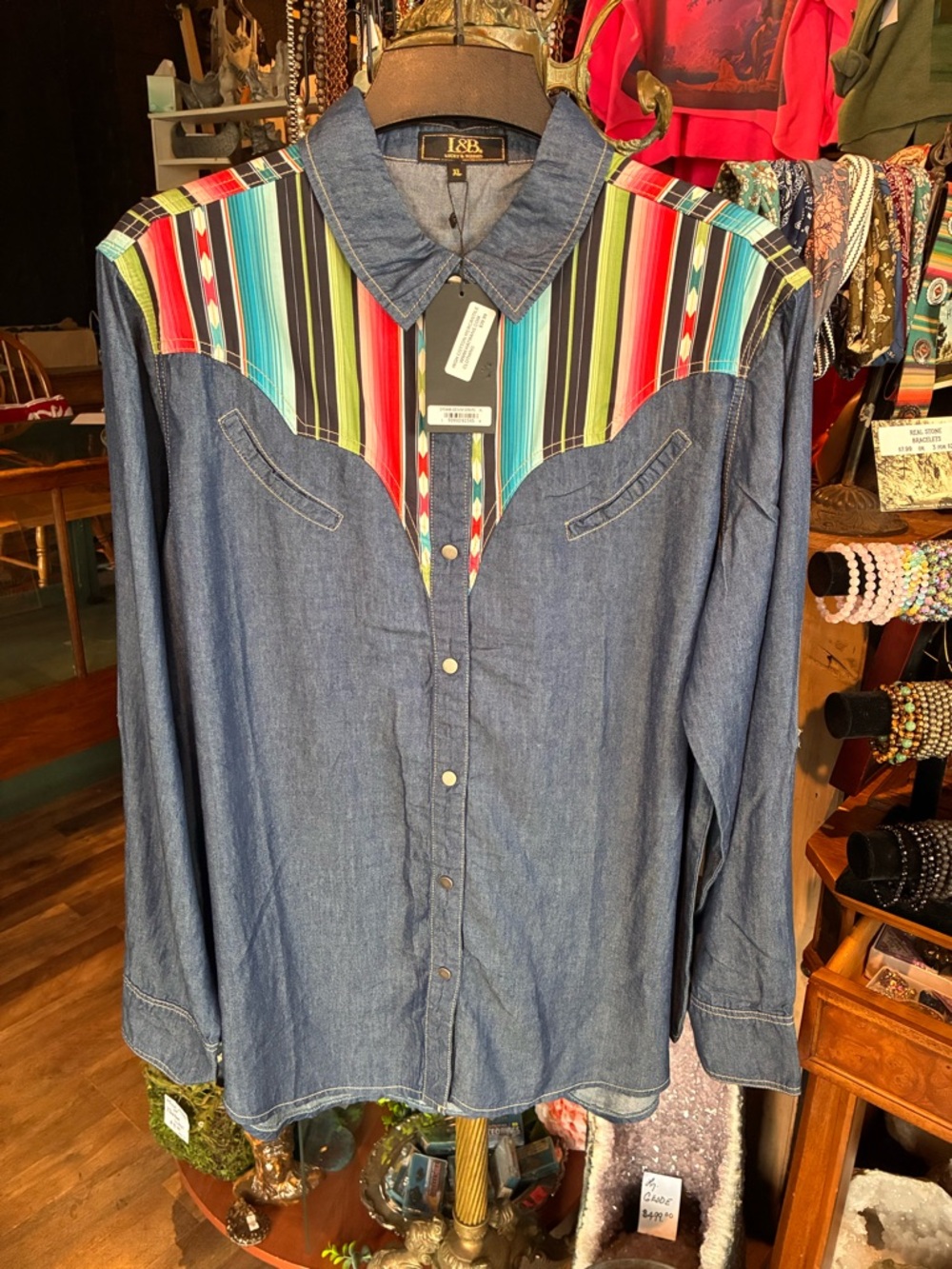 L&B Blue Denim Shirt with Multicolor Striped Yoke - Picture 3 of 4